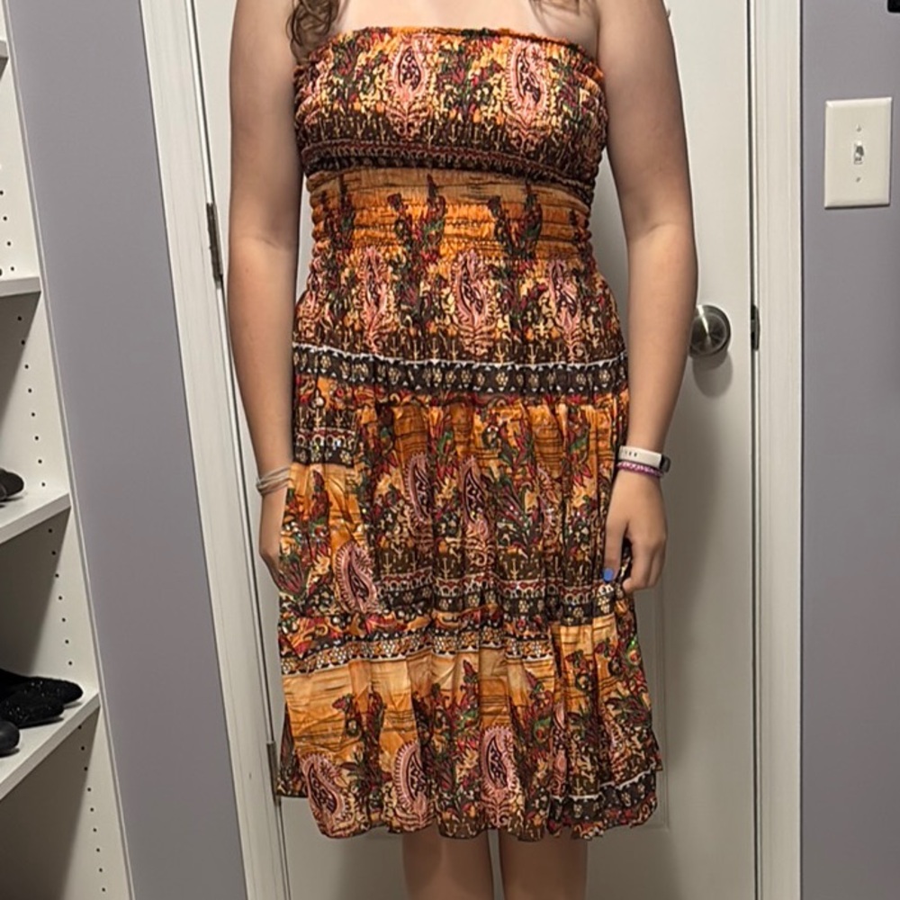 Orange and Brown Strapless Smocked Sundress